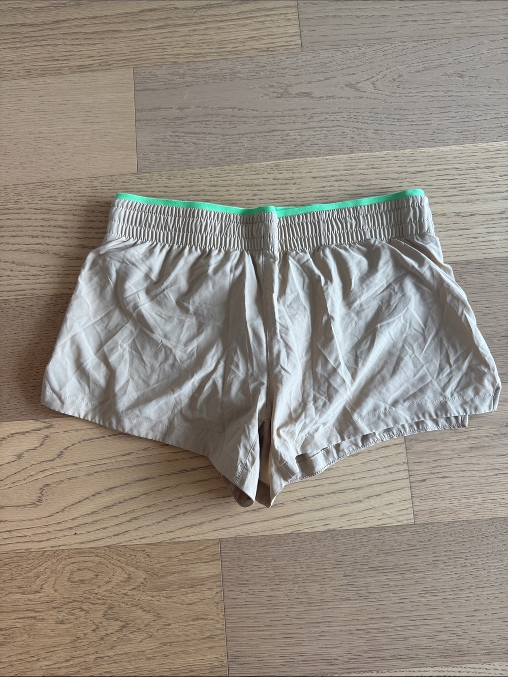 Fabletics Beige Athletic Shorts with with Neon Green Waistband